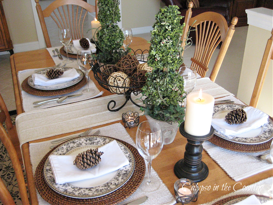 Black and white table settings on wood table - end of winter table