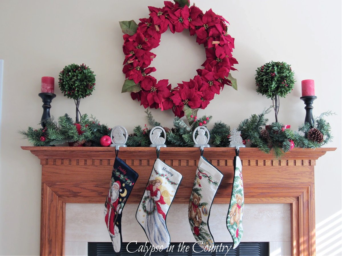 Traditional Christmas Mantel with Poinsettia Wreath
