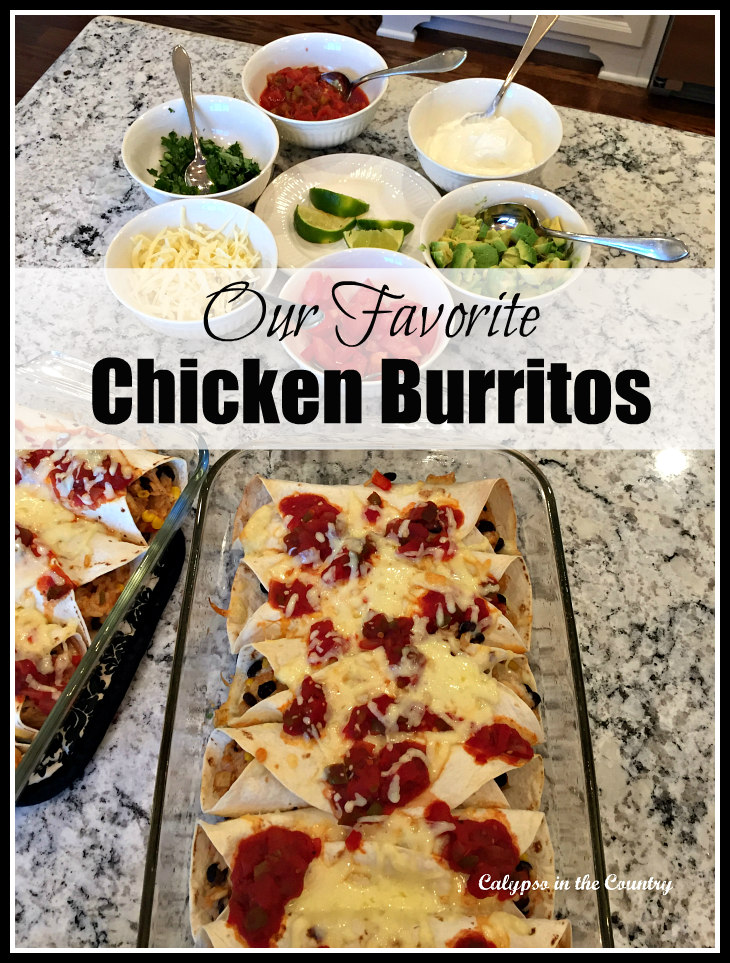 Favorite Chicken Burritos in glass dish with fixings - baked chicken burrito recipe