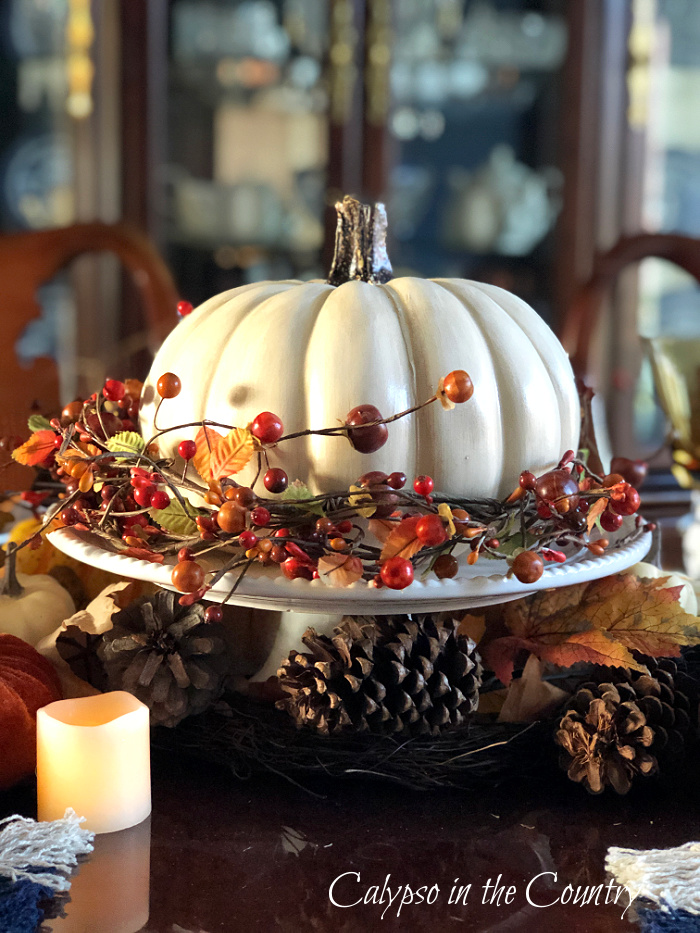 White pumpkin wrapped with bittersweet berries on cake stand - decorating with white pumpkins