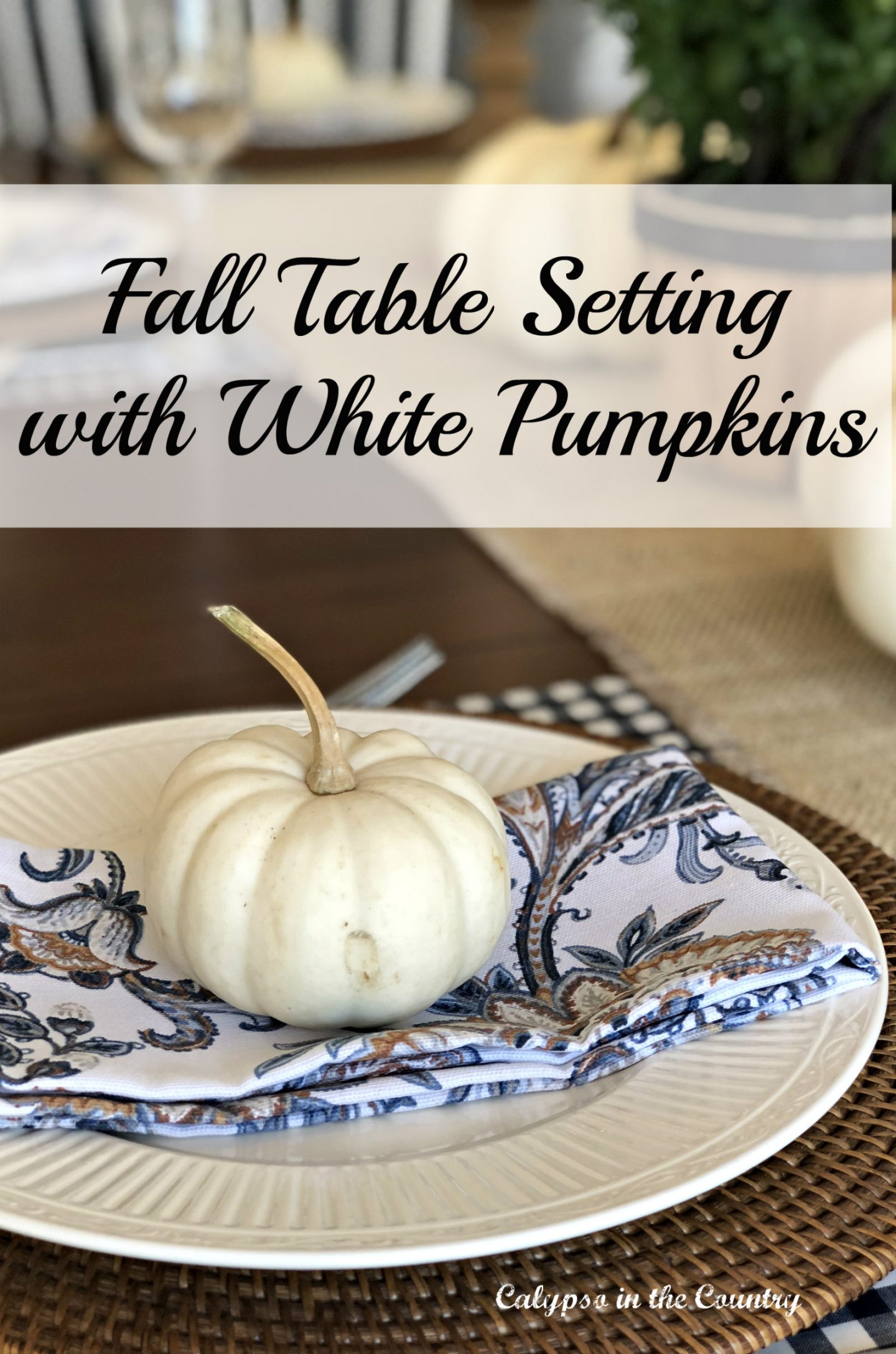 Farmhouse Table set for fall using white pumpkins and mums