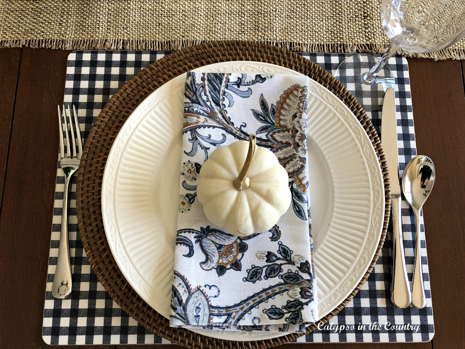 Simple Fall Table Setting with White Pumpkins - Calypso in the Country