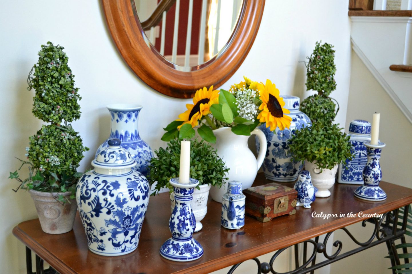 Sunflowers in the fall added to blue and white porcelain