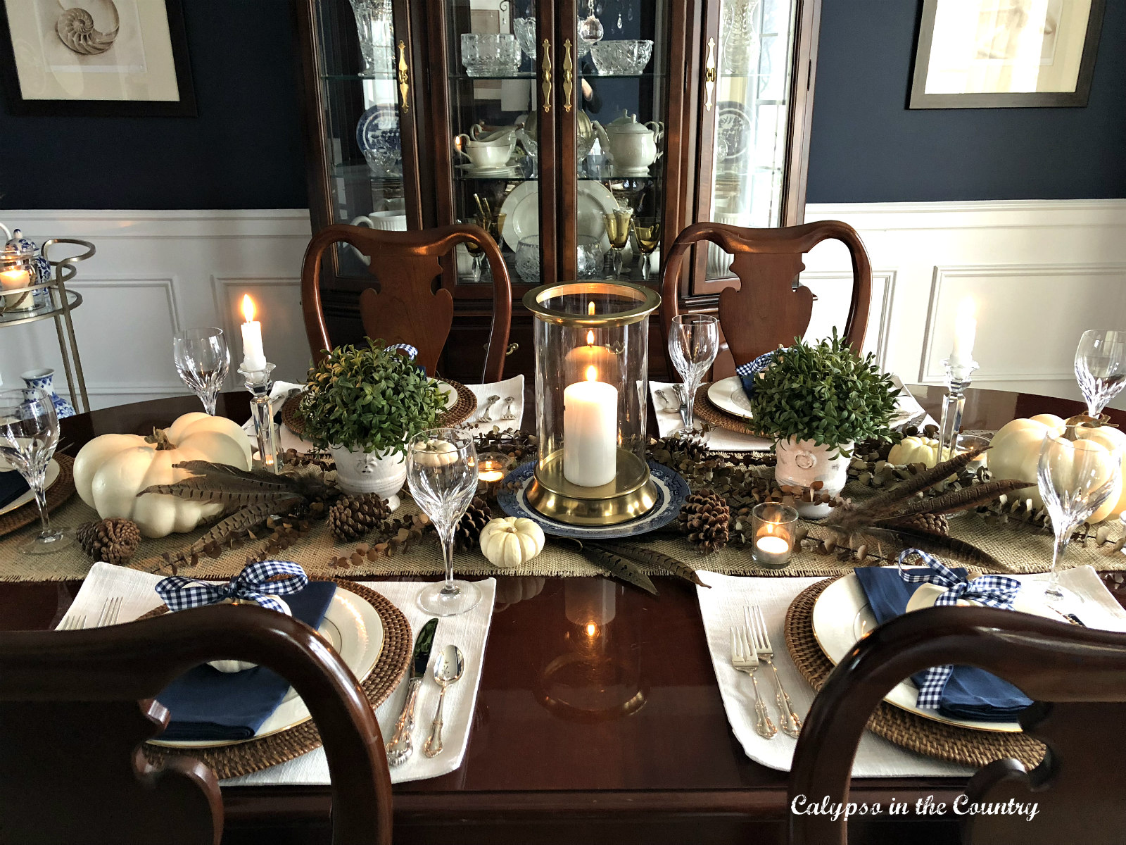 Thanksgiving Table Setting in a Navy Dining Room