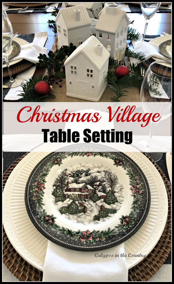 Christmas Village Table Setting - Ideas to set a black and white table with ceramic houses as the centerpiece.