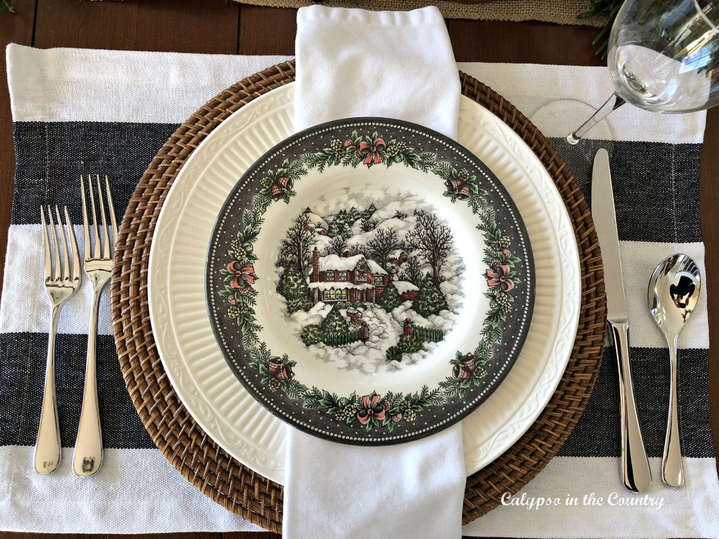 Christmas place setting idea with snow village plates