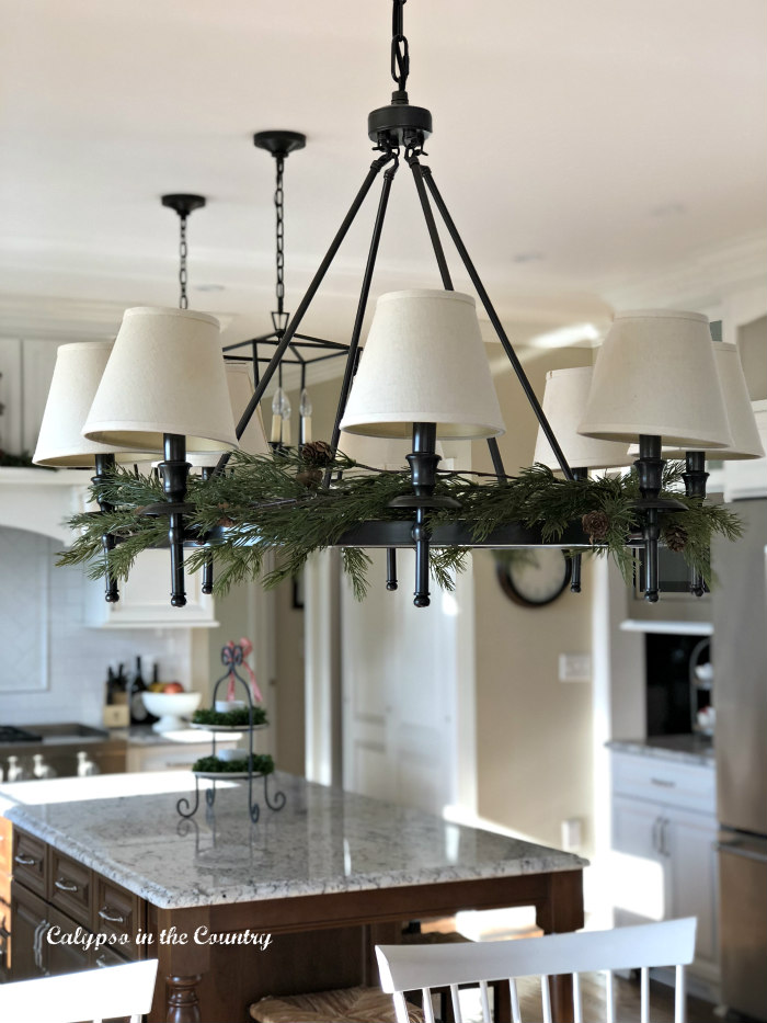 christmas chandelier with faux greens - easy way to decorate