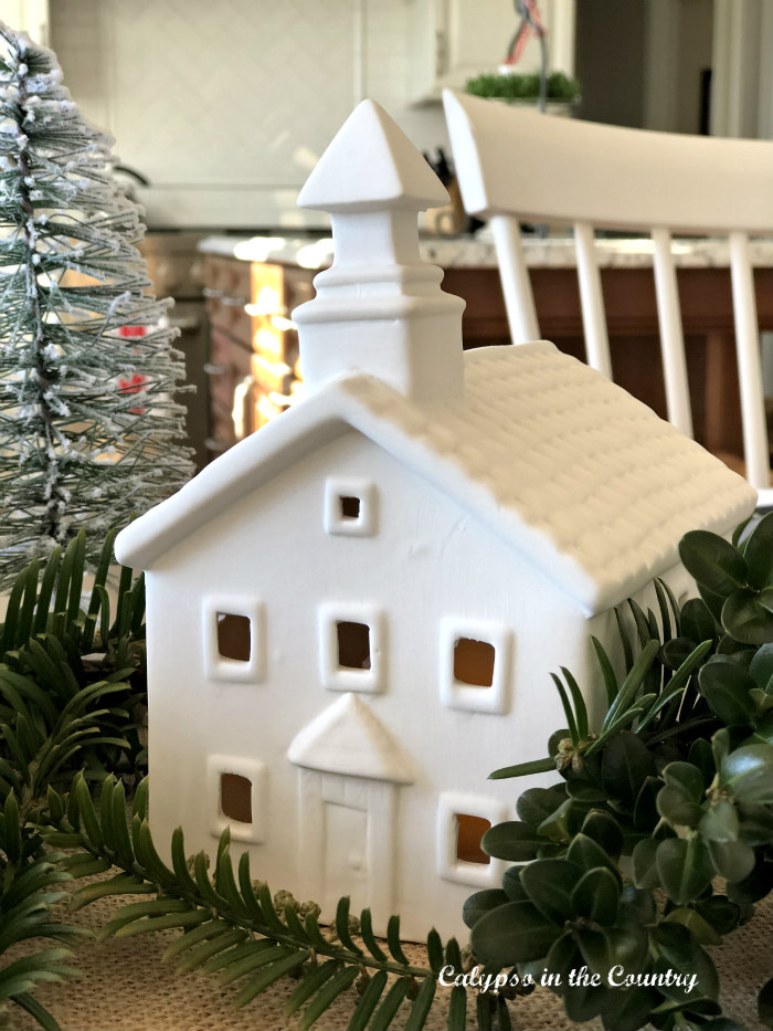 White Ceramic Church for Christmas table centerpiece