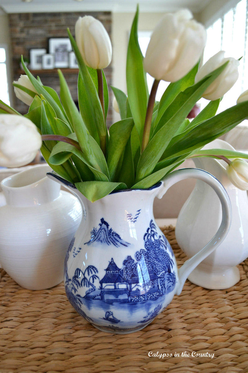 tulips with blue and white porcelain pitcher