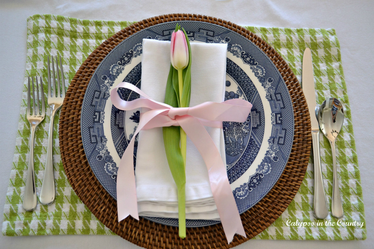 tulip on blue and white plates