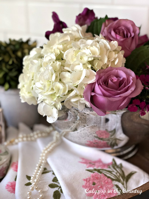 Vintage Valentine Vignette - silver bowl with flowers