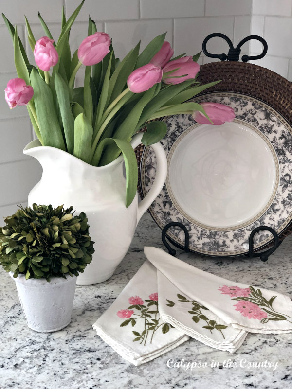 Pink Tulips in white pitcher - vintage Valentine's Day vignettes