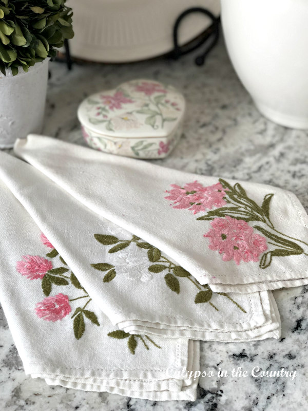 Valentine's Day Vignettes - vintage embroidered floral napkins