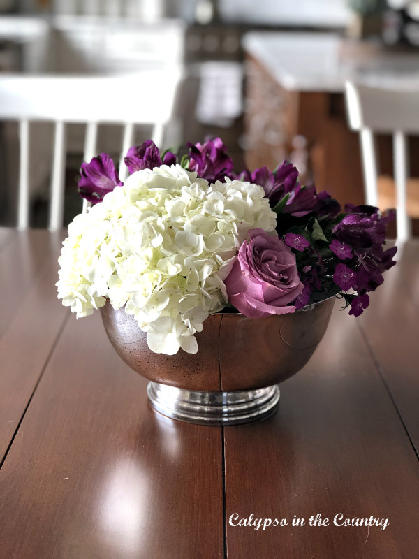 vintage silver bowl with purple and pink flowers - vintage Valentine's Day decor