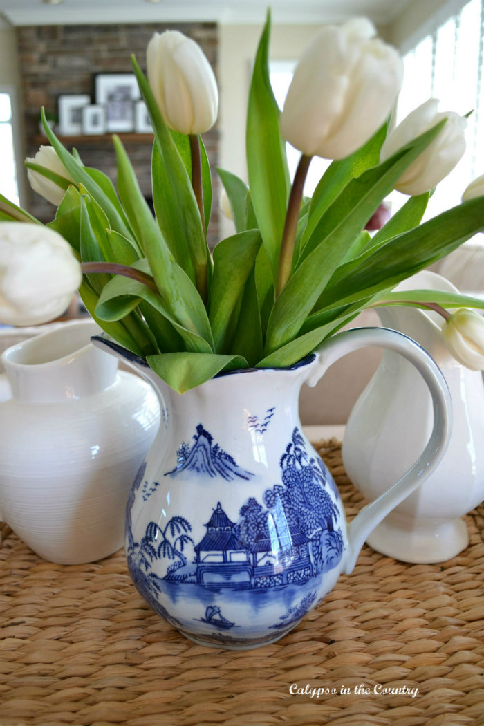 blue and white porcelain with tulips - ways to bring spring into your home