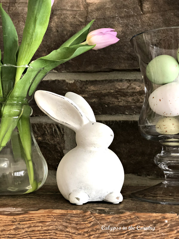 farmhouse style mantel with white bunny