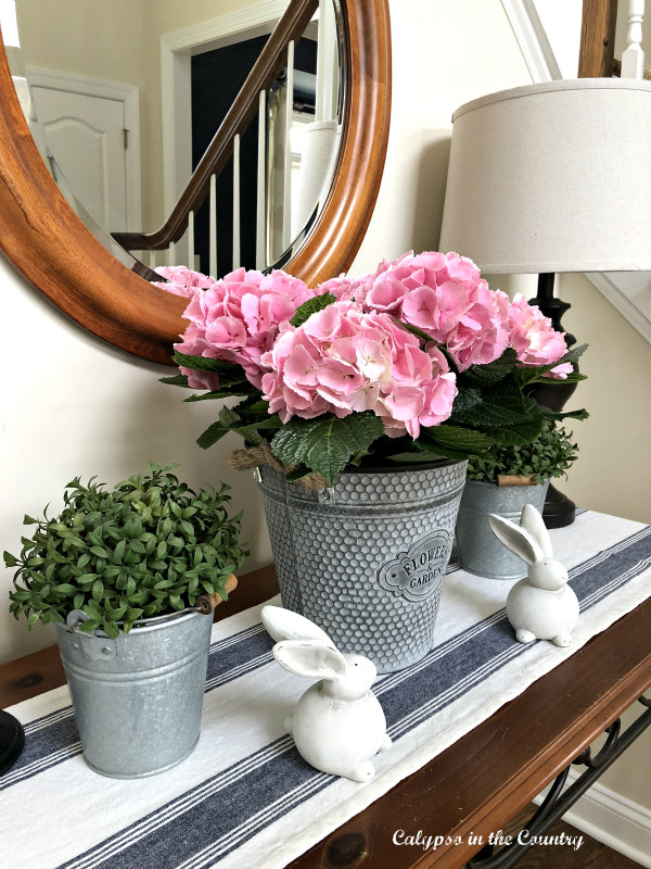 Pink Hydrangeas on foyer table for spring and Easter