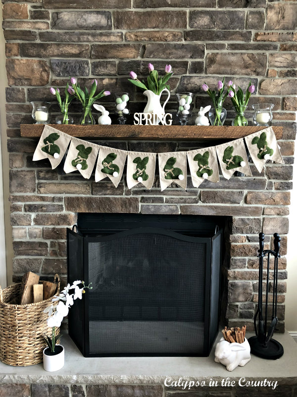 Stone fireplace decorated for Easter