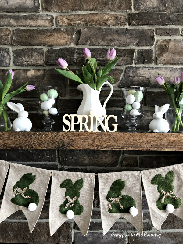 farmhouse inspired decor on stone fireplace - Easter decorating ideas