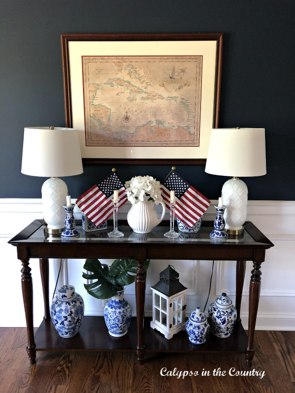 Red White and Blue on Dining Room Console Table