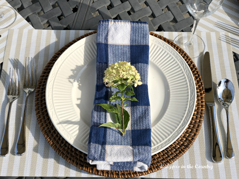Hydrangea on blue and white place setting