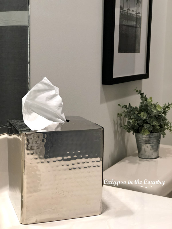 tissue box in gray and white bathroom - Boys Bathroom Makeover