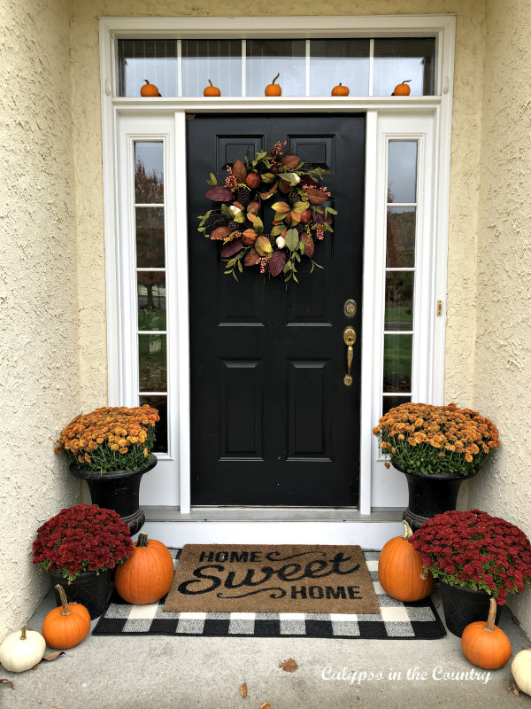 Fall Front Porch with mums and pumpkins