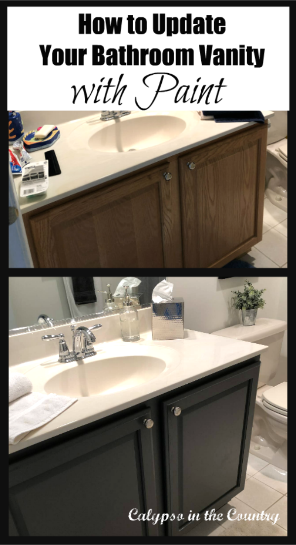 How to Paint a Bathroom Vanity - Before and After photos (from builder oak to Benjamin Moore Kendall Charcoal)