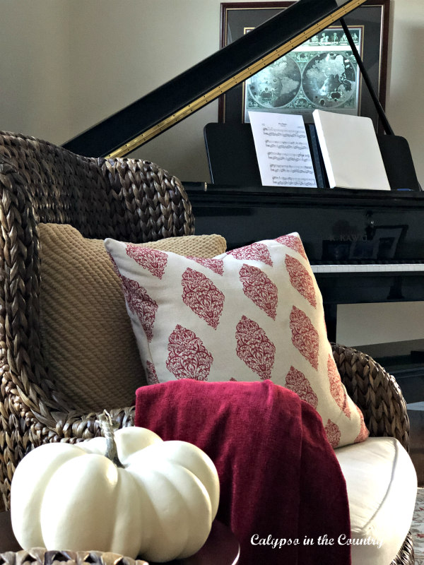 Fall pillows by the piano - Warm and Cozy Thanksgiving at Home