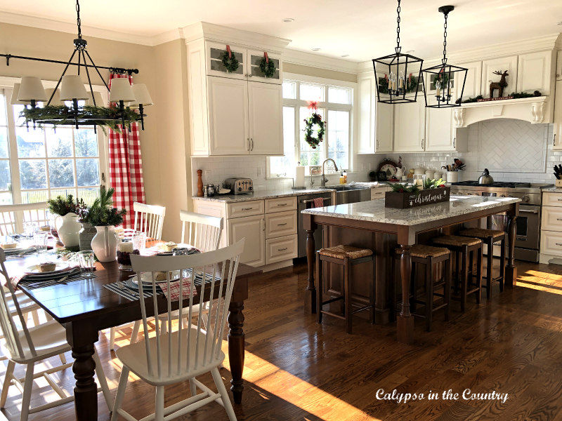 Classic white kitchen decorated for Christmas