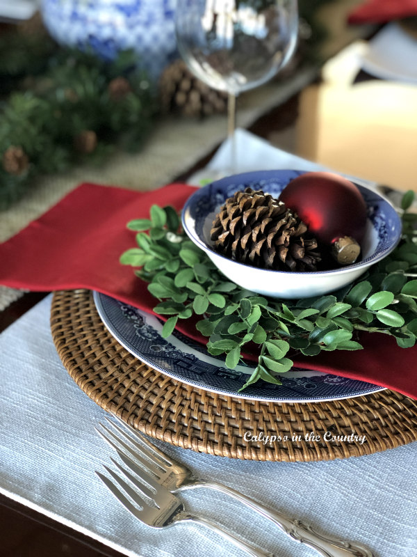 Christmas place setting with blue and white china