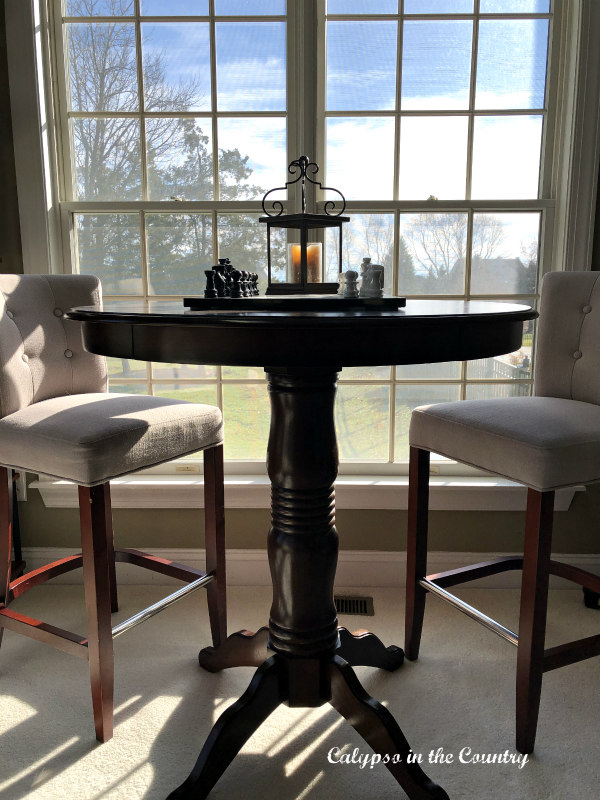 game table and bar stools - transition from Christmas to winter decor