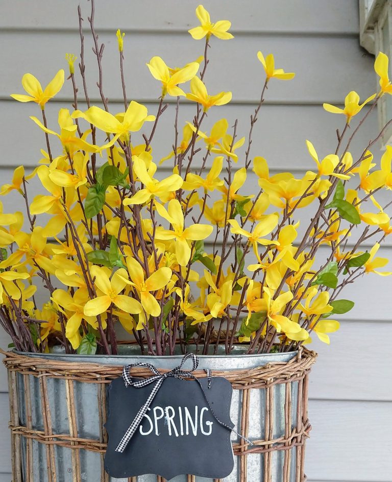 Yellow flowers on spring front porch