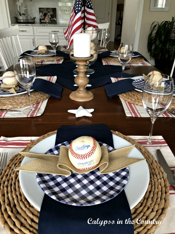 Red white and blue baseball themed tablesetting