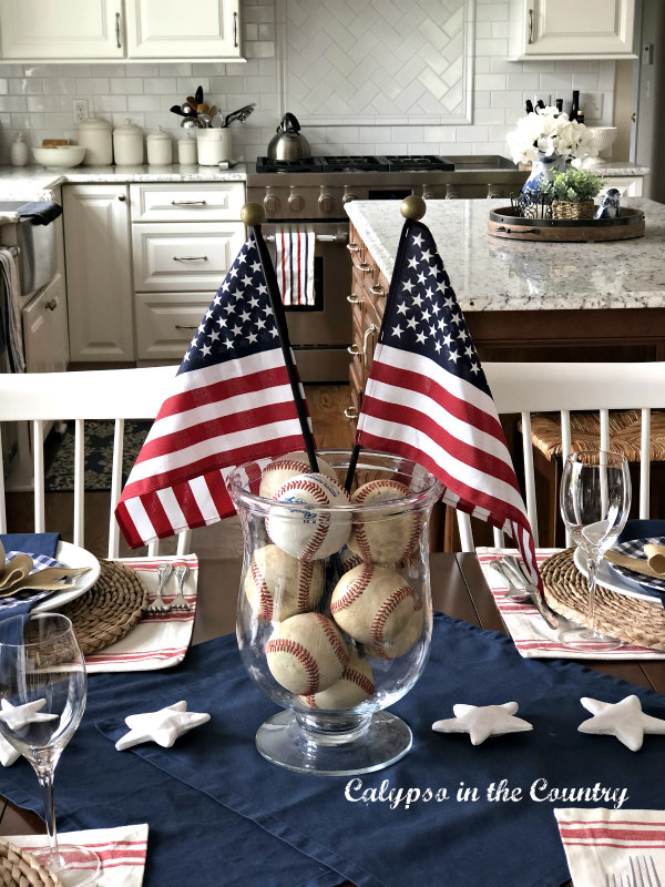 Patriotic Centerpiece with American Flags and Old Baseballs