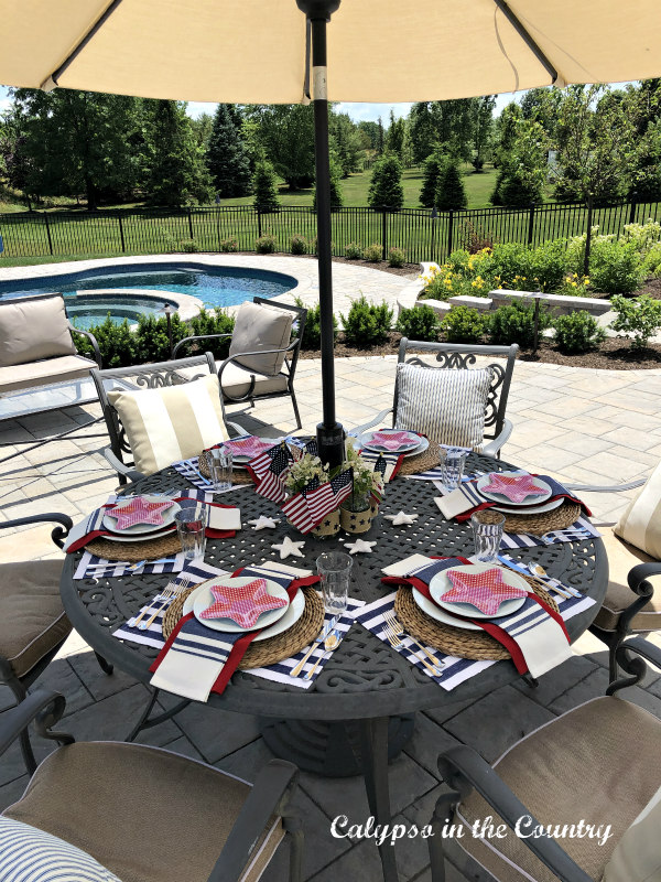 Patriotic tablescape on the patio decorated for the 4th of July