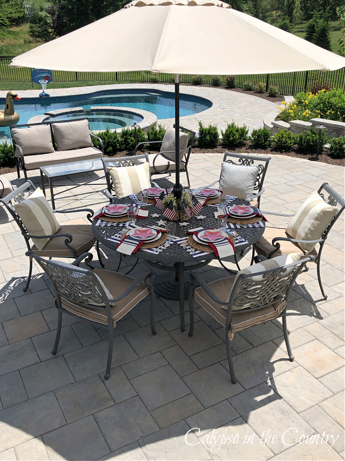 Patriotic tablescape on patio table with umbrella