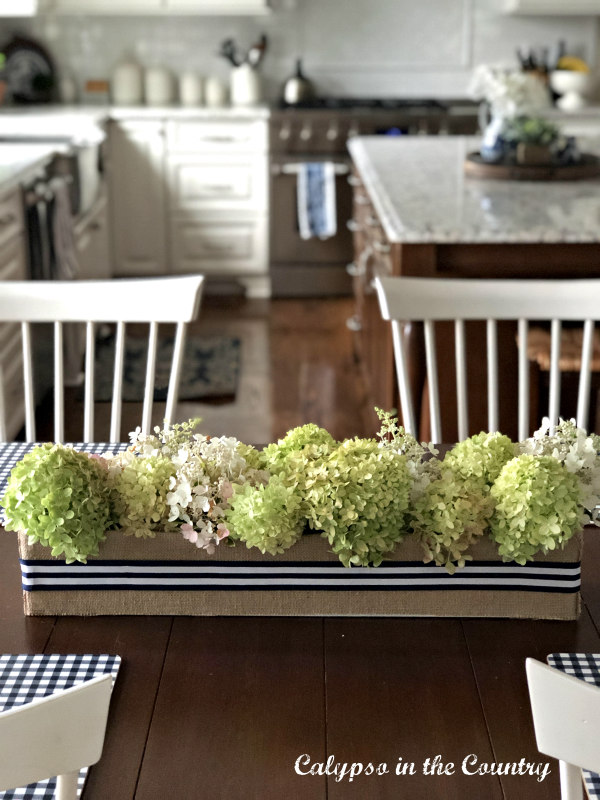 DIY Flower box centerpiece with hydrangeas