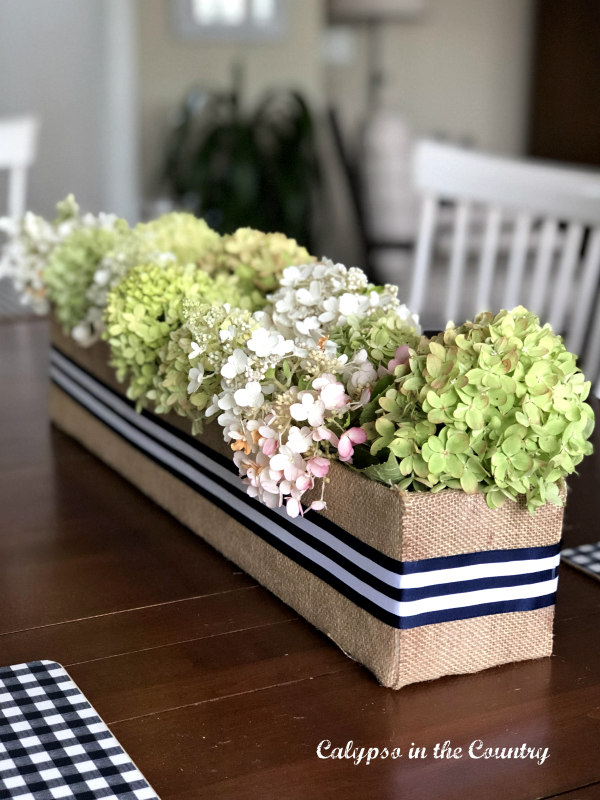 DIY Flower Box Centerpiece made from a cardboard box and burlap