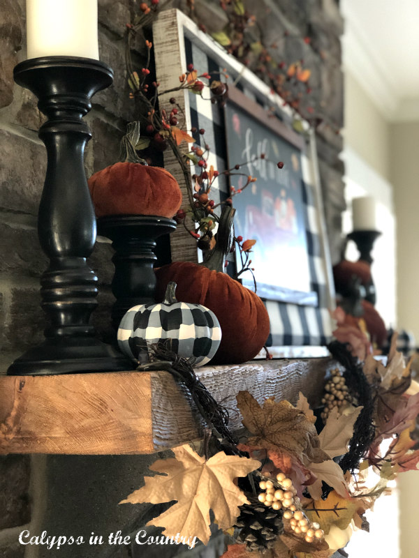 Buffalo Check Decor on Fall Fireplace Mantel