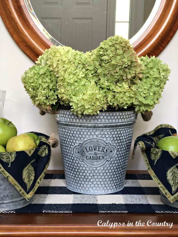 Green Hydrangeas in galvanized metal container for early fall decorating