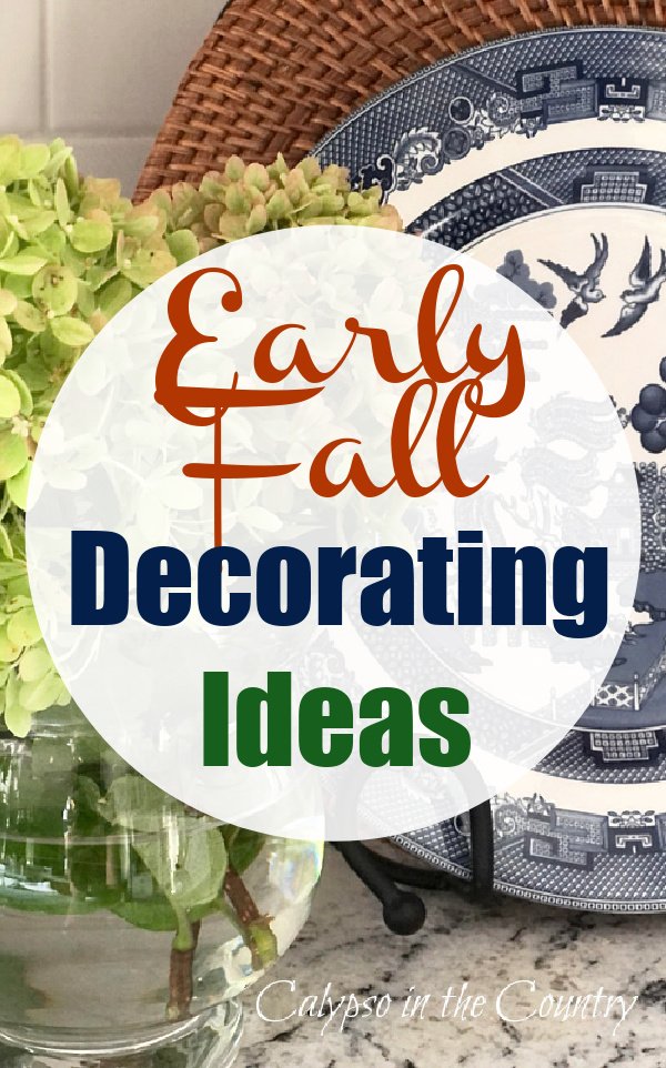 Early fall decorating ideas - hydrangeas and blue willow dish