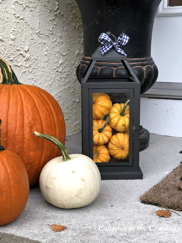Autumn Porch Decor - Lantern filled with mini pumpkins 