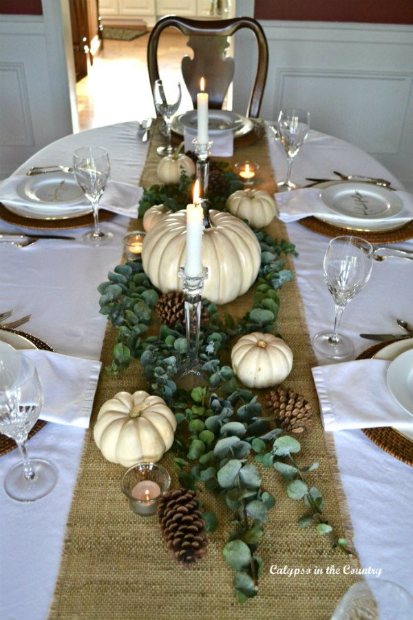 Burlap runner and white pumpkins - Elegant Way to Set the Table for Thanksgiving