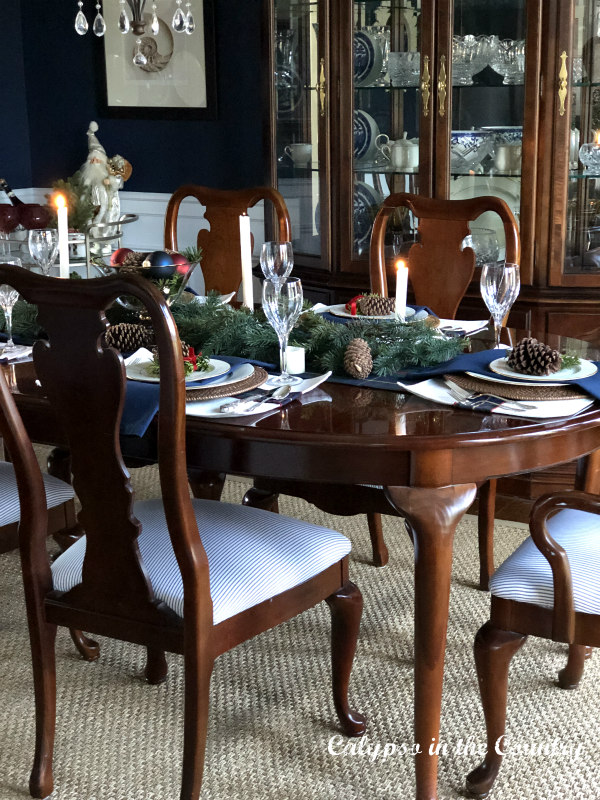 Cherry Dining Room Furniture in Navy Dining Room decorated for Christmas 