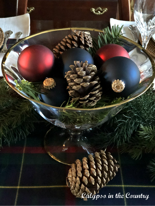Red and Navy Blue Christmas ornaments in glass bowl - Traditional Christmas Table Decor