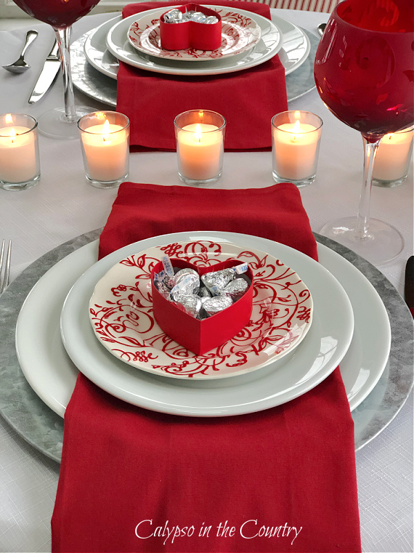 Red and White Valentine's Day Table Setting for Two