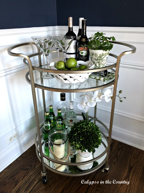 Gold bar cart decorated for St. Patrick's Day - Celebrate at home