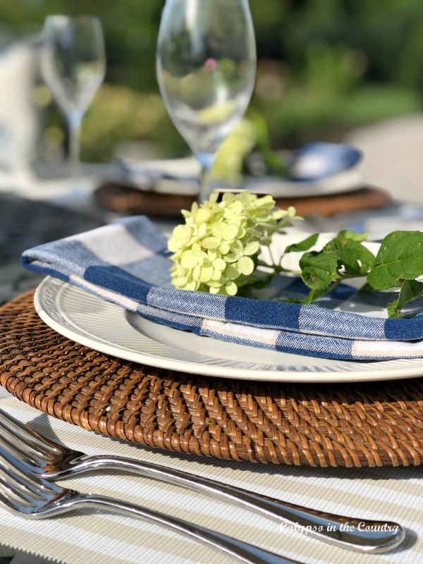 Table setting with blue and white checked napkin and hydrangea - Buffalo check home decor