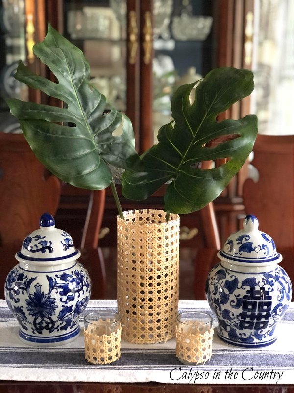 DIY cane wrapped vase and votives with blue and white ginger jars